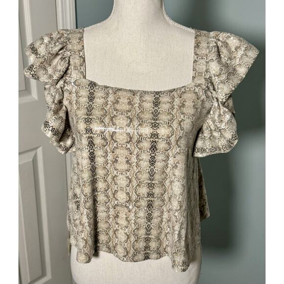 Endless Rose Tops - Endless Rose Tan Snake Print Sequin Ruffle Sleeve Cropped Top, XS